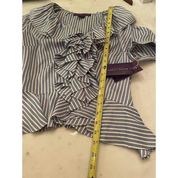 Ralph Lauren Collection Purple Label Blue Pinstripe Ruffle Silk Blouse Runway L - Picture 11 of 12